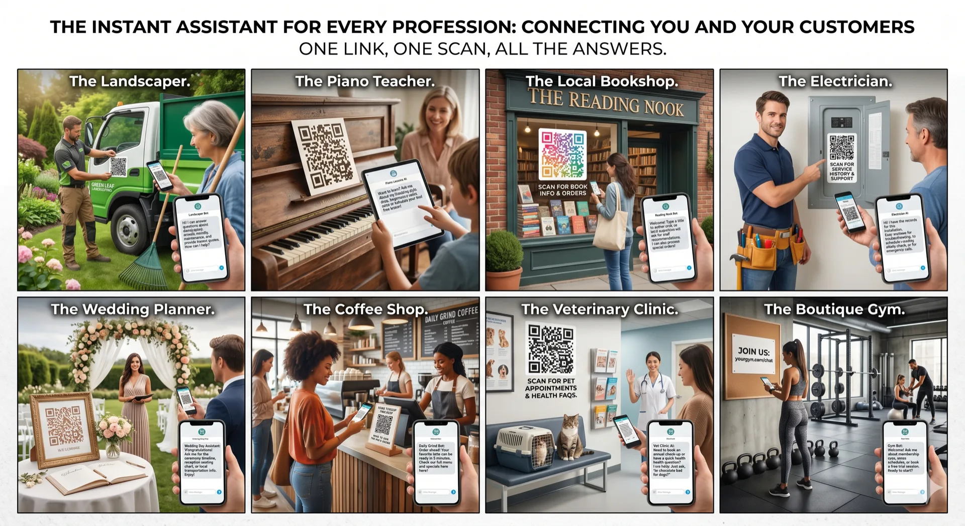 QR code chatbot use cases — handyman van sticker, personal trainer Instagram bio, consultant email link, Airbnb host fridge QR