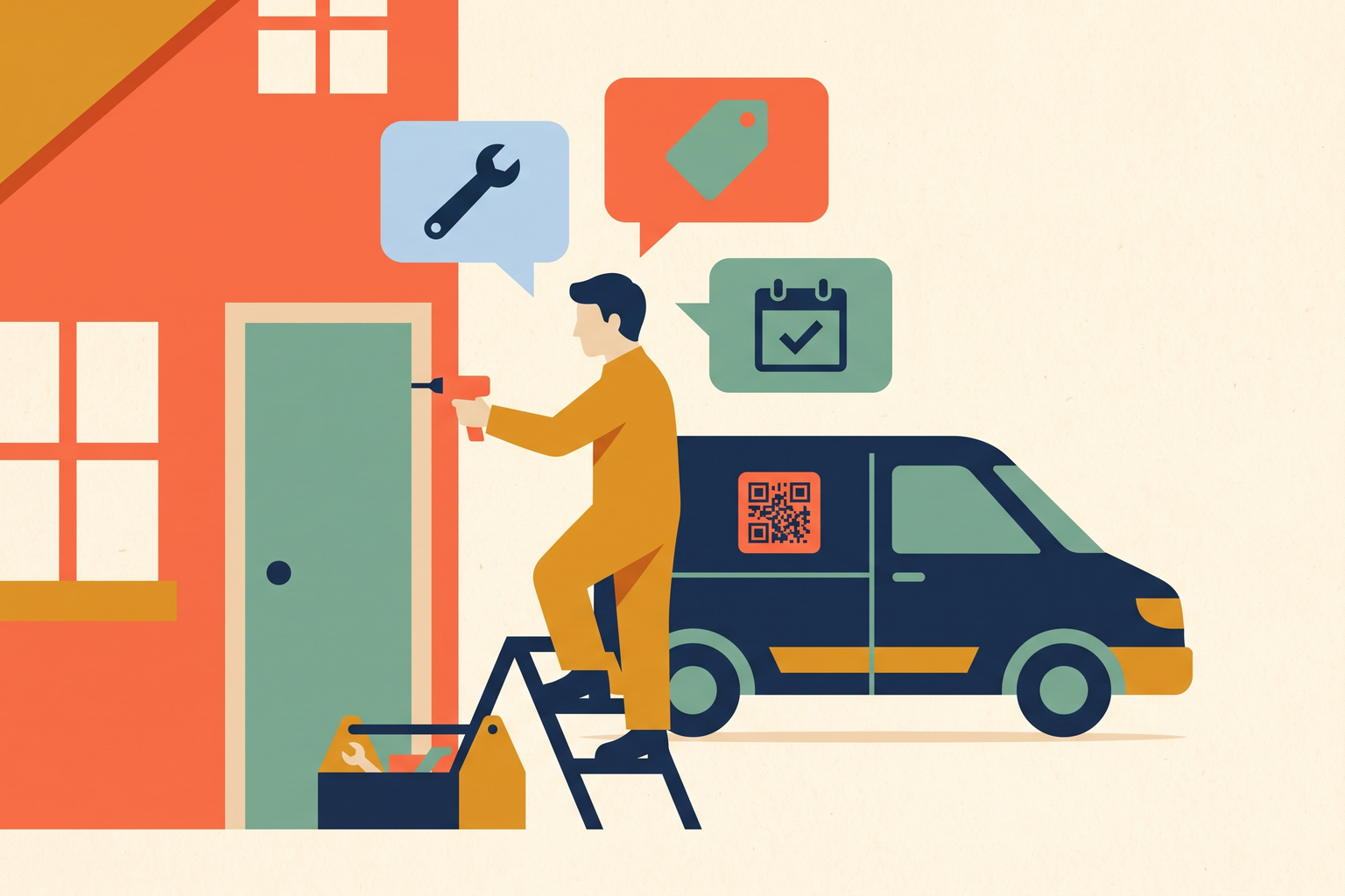 Bir kapı çerçevesini tamir eden bir usta, üzerinde QR kodu olan bir servis minibüsünün yanında. Sohbet balonlarında çağrı ücreti ve randevu soruları görünüyor.